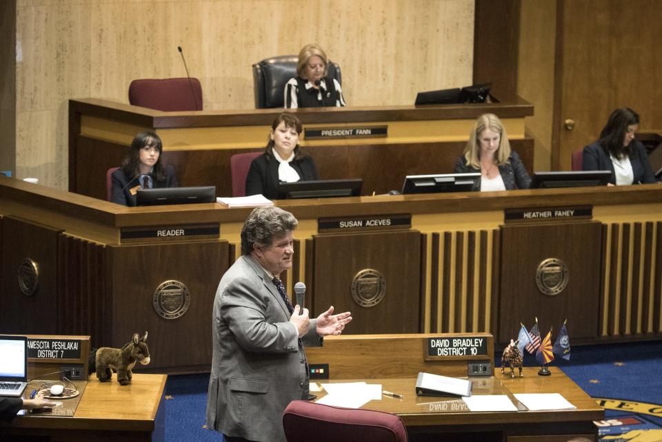 Sen. David Bradley speaks about the Equal Rights Amendment, March 13, 2019, on the floor of the Senate at the Arizona Capitol.