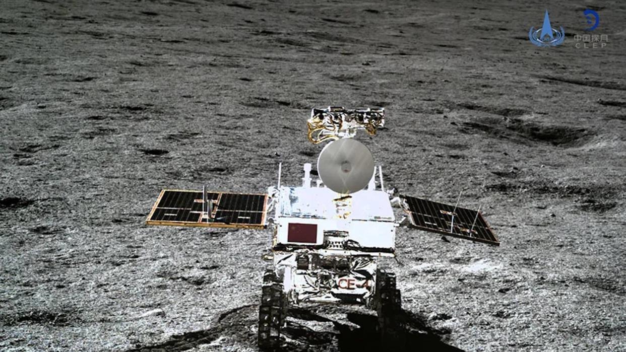  China's Yutu 2 rover, as seen by the Chang'e 4 lander, on the far side of the moon. 