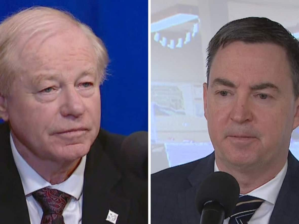 Alberta Health Minister Jason Copping, right, is defending a $1,400 car ride to Edmonton and back by Dr. John Cowell, left, who is the official administrator for Alberta Health Services. (CBC  - image credit)