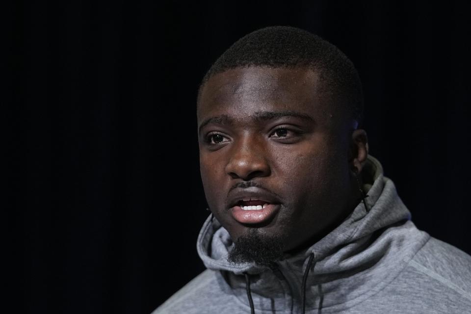 Tennessee defensive lineman Byron Young speaks during a news conference at the NFL football scouting combine, Wednesday, March 1, 2023, in Indianapolis. (AP Photo/Darron Cummings)