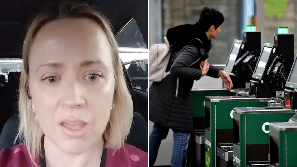 A composite image of TikToker the recovering teacher and a person using a Woolworths self checkout.