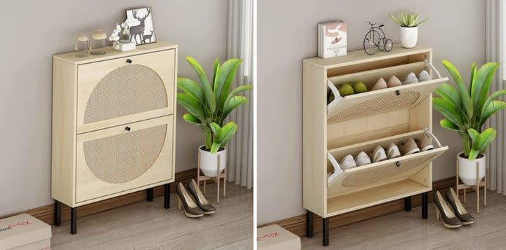 A modern shoe cabinet slim enough to fit in even the smallest of entryways