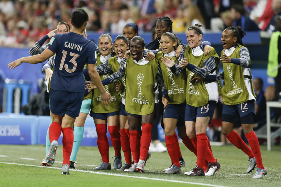 France's Valerie Gauvin celebrates after scoring her side's opening goal during the Women's World Cup Group A soccer match between France and Norway in Nice, France, Wednesday, June 12, 2019. (AP Photo/Claude Paris)