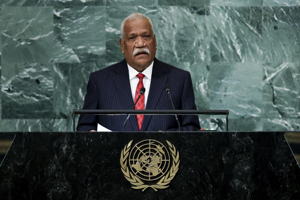 FILE - President of Vanuatu Nikenike Vurobaravu addresses the 77th session of the United Nations General Assembly, Sept. 23, 2022, at the U.N. headquarters. Vurobaravu argued it was time for the International Court of Justice to begin considering climate change. (AP Photo/Julia Nikhinson, File)