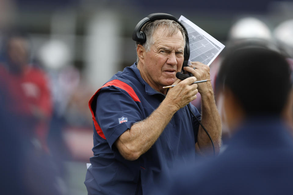 New England Patriots head coach Bill Belichick reacts on the sidelines in the first half of an NFL football game against the Baltimore Ravens, Sunday, Sept. 25, 2022, in Foxborough, Mass. (AP Photo/Michael Dwyer)