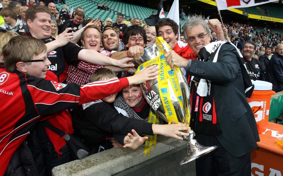 Nigel Wray celebrates with fans after winning the Premiership Final in 2011 - ACTION IMAGES