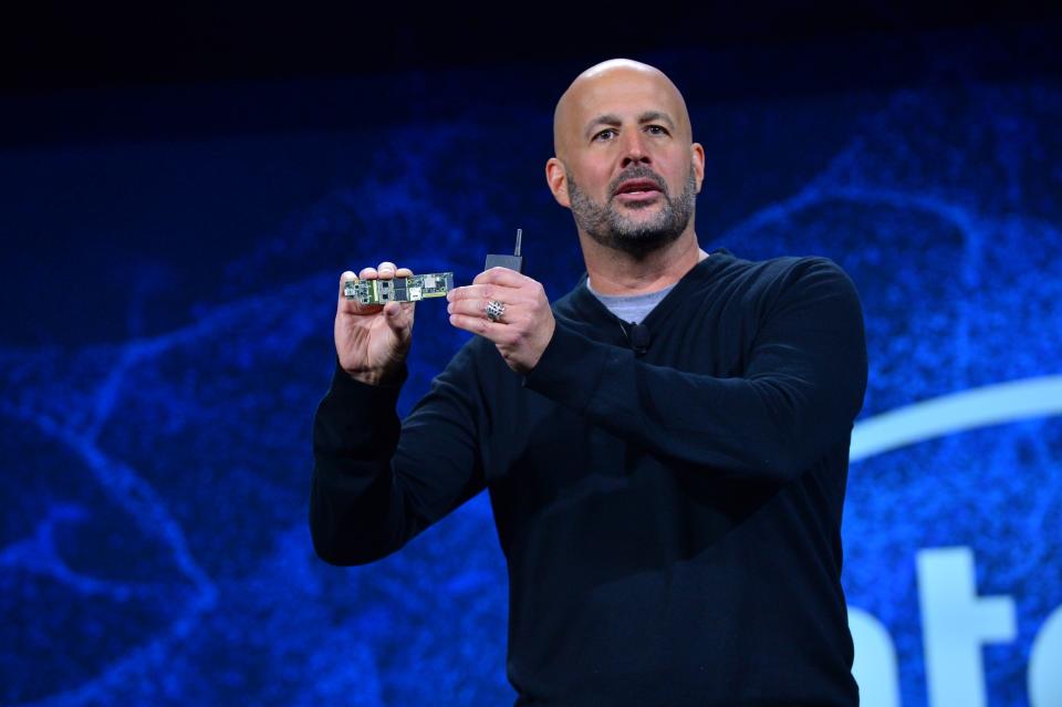 Intel Client Computing Group (CCG) general manager Gregory Bryant holding a Lakefield-based logic board.