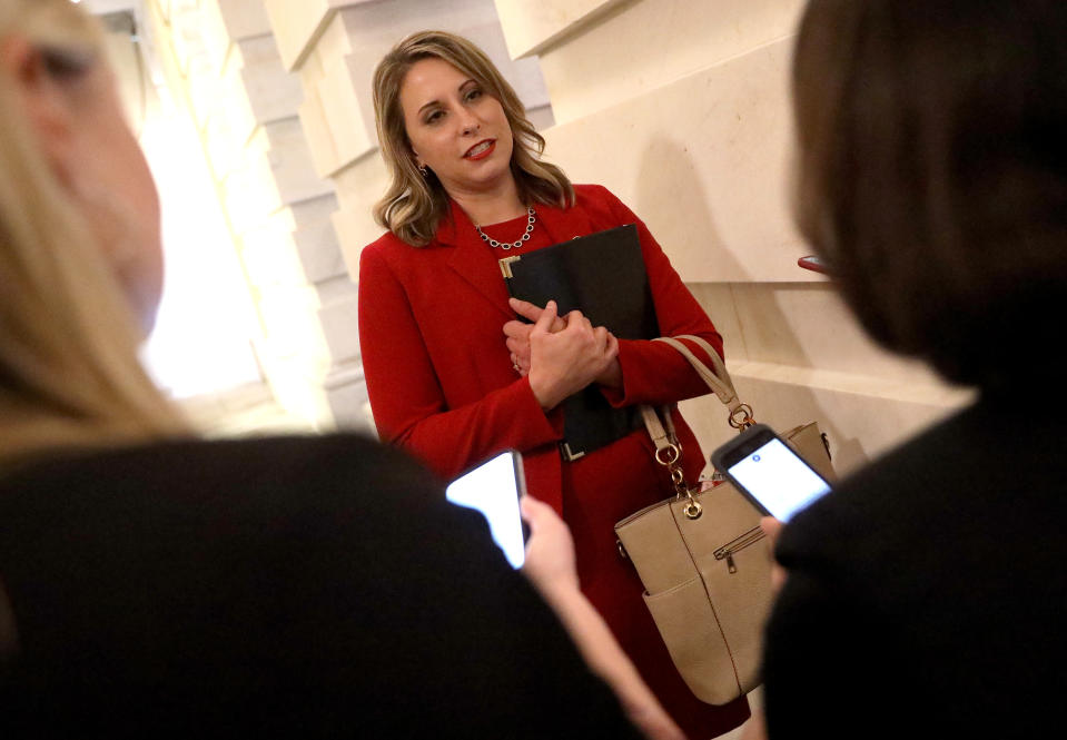 Rep. Katie Hill (D-CA) answers questions from reporters at the U.S. Capitol following her final speech on the floor of the House of Representatives October 31, 2019 in Washington, DC. (Win McNamee/Getty Images)