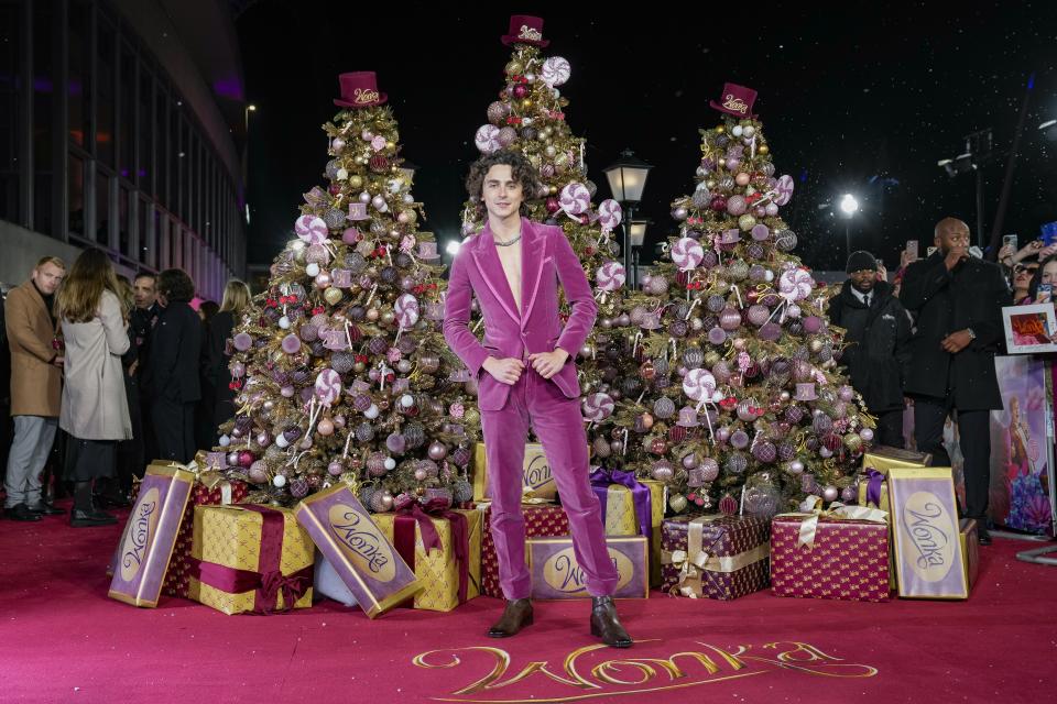 Timothee Chalamet poses for photographers upon arrival at the world premiere of the film 'Wonka' on Tuesday, Nov. 28, 2023 in London. (Scott Garfitt/Invision/AP)