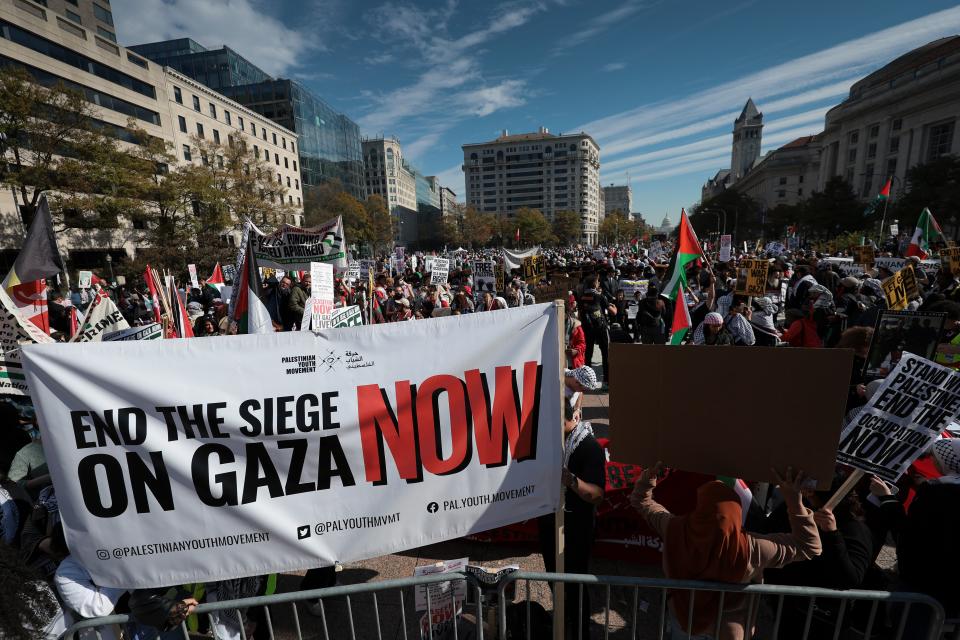 People gather during the National March on Washington for Palestine while calling for a ceasefire between Israel and Hamas on November 4, 2023 in Washington, DC (Getty Images)