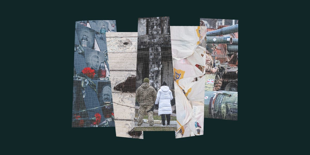 A collage of five photographs showing scenes from the war in Ukraine