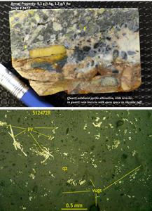 An example of the target mineralization which is exposed at surface at Amsel.  (a) Tuffisite breccia with open space and quartz-adularia-pyrite alteration overprinted by sericite, and containing gold and silver. Shown is an off-cut slab stained by cobaltinitrite for potassium alteration, in yellow; (b) photomicrograph of a polished thin section of the rock in (a), showing reflective pyrite which is the probable source of the IP anomaly shown in Figures 1 and 2, and is the target for drilling planned for July, 2021.