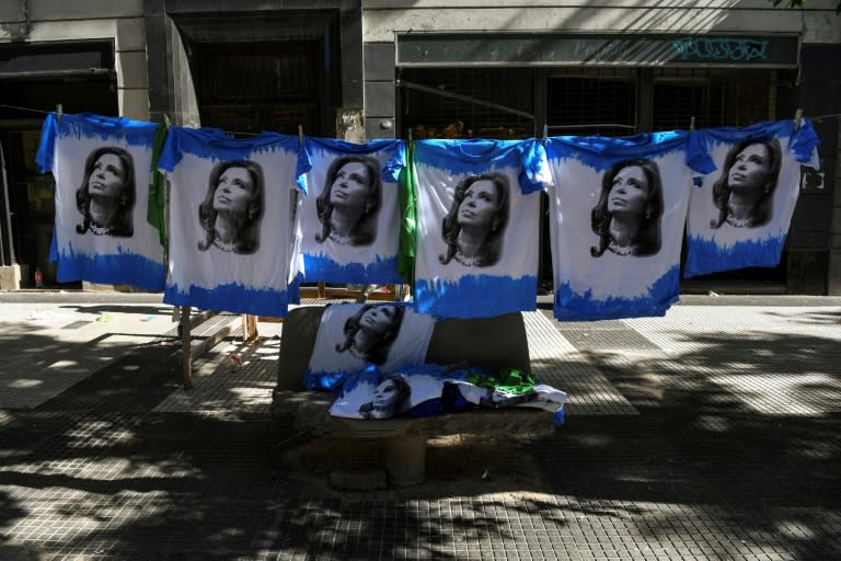 T-shirts depicting ex-president Cristina Kirchner are displayed for sale during a protest as Argentine senators vote to pass an austerity budget in line with an IMF bailout