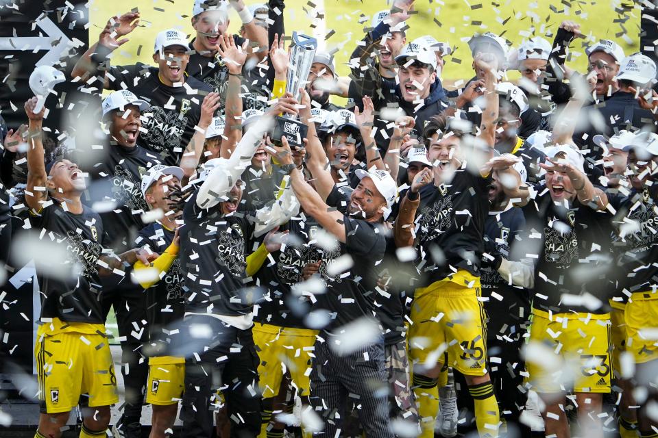 Oct 8, 2022; Columbus, Ohio, USA; Confetti rains down as the Columbus Crew 2 receive their trophy following the 4-1 win over St. Louis CITY2 in the MLS NEXT Pro Cup Championship at Lower.com Field. Mandatory Credit: Adam Cairns-The Columbus Dispatch