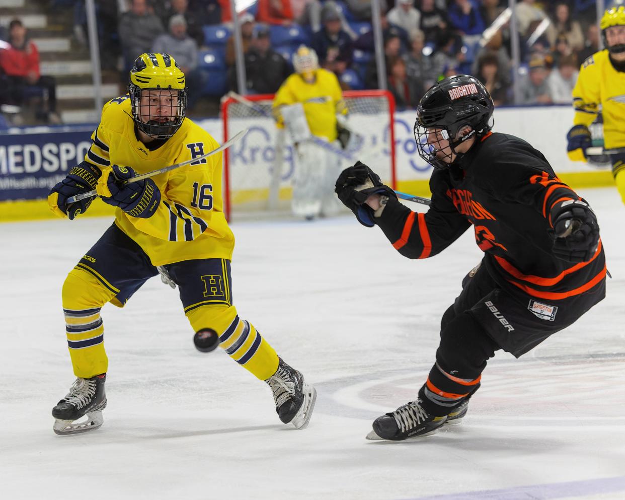 Hartland's Ian Kastamo (16) and Brighton's Lane Petit are scheduled two face each other twice this season and could meet as many as four times.