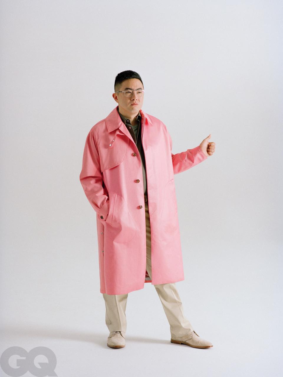 <cite class="credit">Coat, $4,800, by Dior Men / Shirt, $620, by Hermès / T-shirt, $55, by Lady White Co. / Pants, $295, by Paul Stuart / Boots, $795, by Santoni</cite>