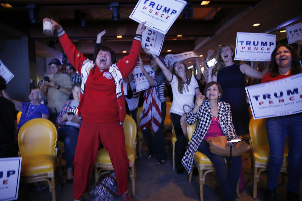 Republicans erupt in celebration as a newscaster announces Donald Trump wins Florida while watching election night results at the OCGOP election party at at China Palace in Newport Beach, California, on Nov. 8.&nbsp;