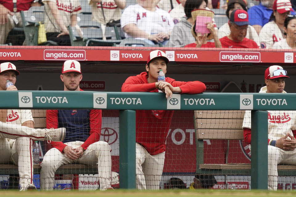 Los Angeles Angels' Shohei Ohtani watches from the dugout during the third inning of a baseball game against the Detroit Tigers, Sunday, Sept. 17, 2023, in Anaheim, Calif. (AP Photo/Ryan Sun)