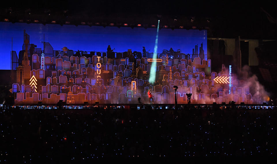 TAMPA, FLORIDA - FEBRUARY 07: The Weeknd performs onstage during the Pepsi Super Bowl LV Halftime Show at Raymond James Stadium on February 07, 2021 in Tampa, Florida. (Photo by Kevin Mazur/Getty Images for TW)