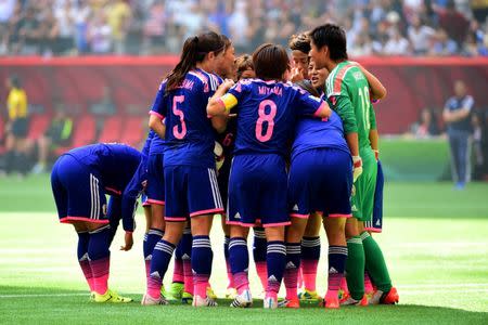 Japan huddles after a goal by the United States in the first half of the final of the FIFA 2015 Women's World Cup at BC Place Stadium. Mandatory Credit: Anne-Marie Sorvin-USA TODAY Sports