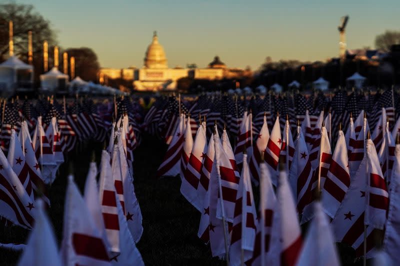 A close-up view shows the "Field of Flags" on the National Mall ahead of inauguration ceremonies for U.S. President-elect Joe Biden in Washington