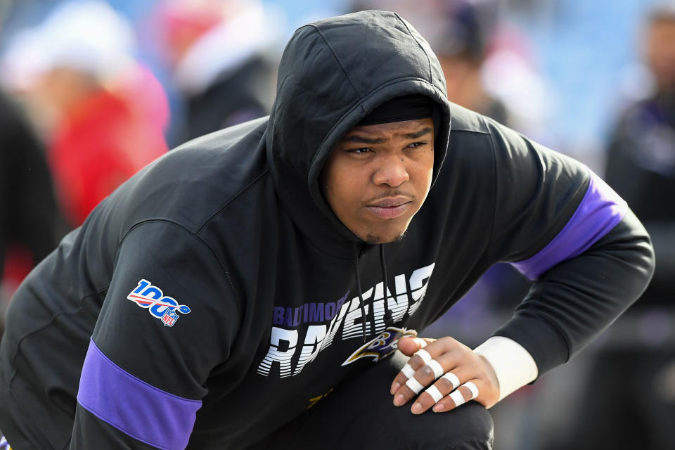 Dec 8, 2019; Orchard Park, NY, USA; Baltimore Ravens offensive tackle Orlando Brown (78) warms up prior to the game against the Buffalo Bills at New Era Field. Mandatory Credit: Rich Barnes-USA TODAY Sports