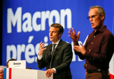 Emmanuel Macron, head of the political movement En Marche ! ( Onwards !) and candidate for the 2017 presidential election, delivers a speech during a campaign rally in Besancon, France, April 11, 2017. REUTERS/Robert Pratta