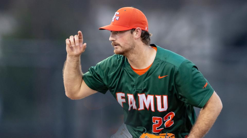 Florida A&M pitcher Hunter Viets (22) during an NCAA baseball game on Friday, March 18, 2022, in Montgomery, Ala. (AP Photo/Vasha Hunt)