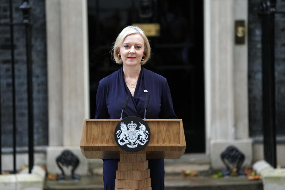 Prime Minister Liz Truss makes a statement outside 10 Downing Street in London, where she announced her resignation as prime minister October 20, 2022. / Credit: Kirsty O'Connor/PA Images/Getty