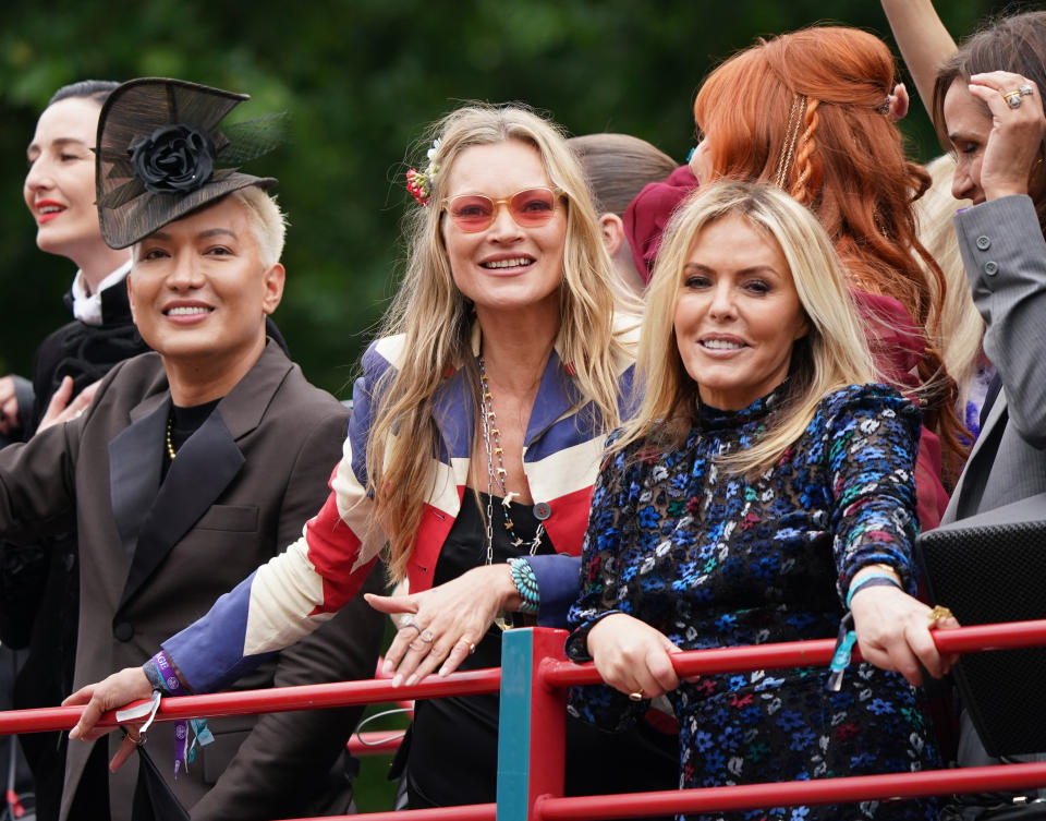 Kate Moss and Patsy Kensit take part in the Platinum Jubilee pageant in front of Buckingham Palace. (PA)