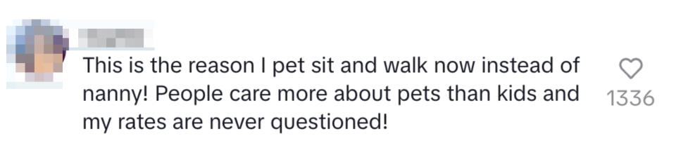 Sophie's social media post about preferring pet sitting over nannying due to better appreciation and rates, with likes