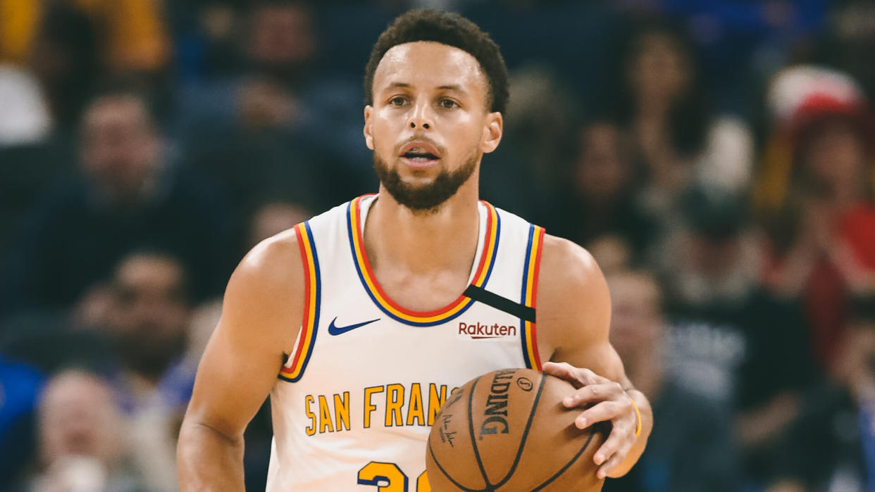 SAN FRANCISCO, CALIFORNIA - MARCH 05:  Stephen Curry #30 of the Golden State Warriors in action against the Toronto Raptors at Chase Center on March 05, 2020 in San Francisco, California.