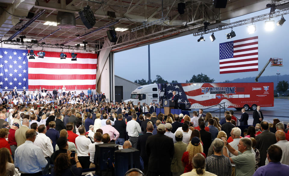 President Donald Trump speaks about tax reform during an event at the Harrisburg International Airport, Wednesday, Oct. 11, 2017, in Middletown, Pa. (AP Photo/Alex Brandon)