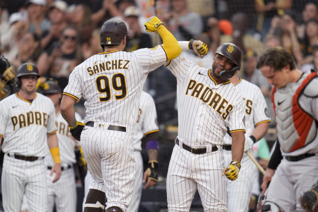 San Diego Padres catcher Gary Sanchez (99) celebrates with pitcher Ray Kerr  after the Padres defeated the San Francisco Giants in a baseball game in  San Francisco, Thursday, June 22, 2023. (AP