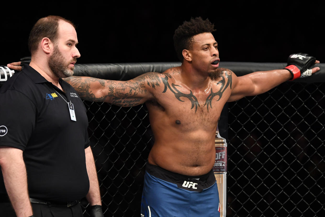 Greg Hardy stands in his corner after being disqualified for landing an illegal knee in his heavyweight bout against Allen Crowder during the UFC Fight Night event at the Barclays Center on January 19, 2019 in the Brooklyn borough of New York City. (Photo by Josh Hedges/Zuffa LLC/Zuffa LLC via Getty Images)