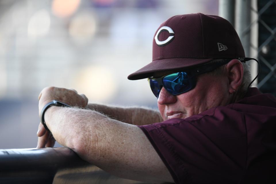 Calallen coach Steve Chapman in Game 1 of a Class 4A regional semifinal series at Coastal Bend College in Beeville, Texas on Thursday, May 26, 2022.