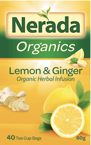 Nerada Organics Lemon and Ginger tea's packaging is pictured.