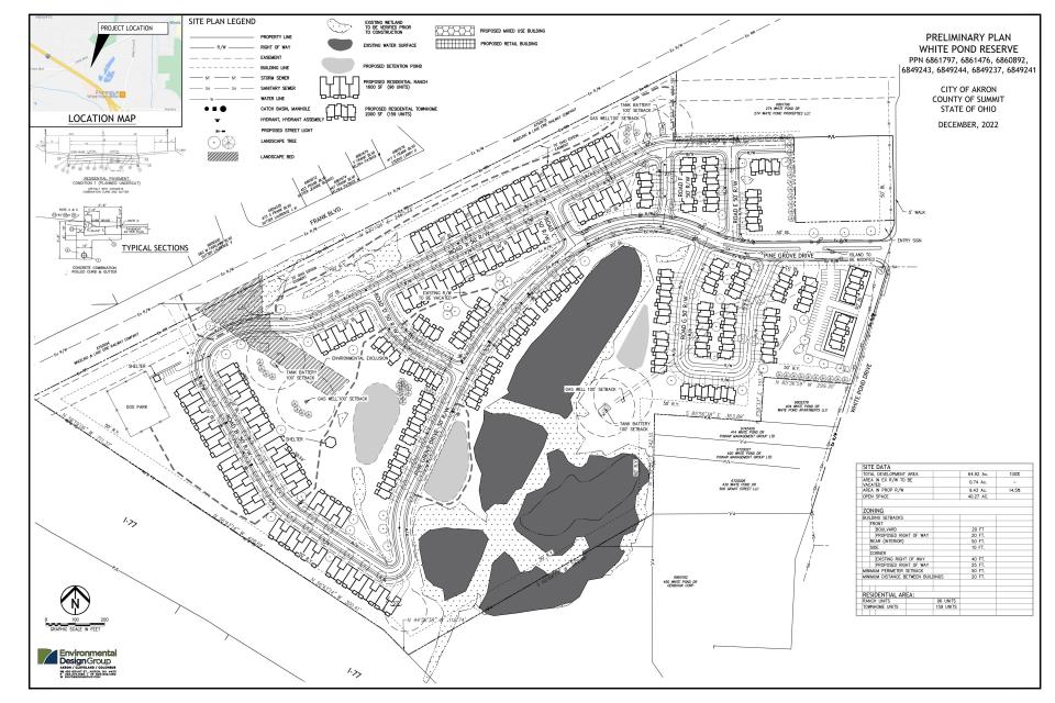 A revised preliminary site plan for a controversial development along White Pond Drive in Akron released on Dec. 9, 2022.