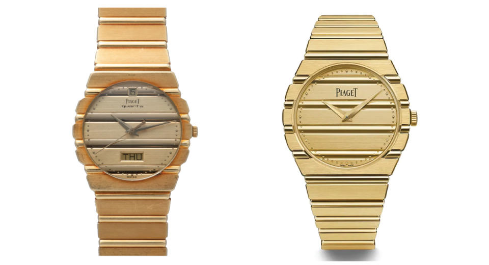 1980s Quartz Piaget Polo (L) and the reissued Piaget Polo of 2024 (R). The latter has driven values for the originals skyward. Predicting these kinds of reissues is difficult, but a gut-level hunch can be a valuable clue.