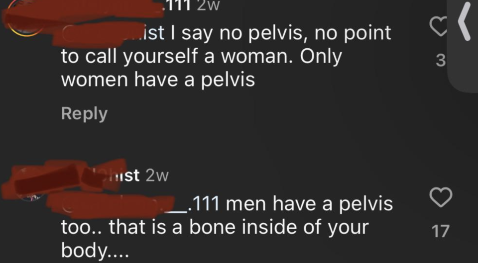 Two social media comments discussing anatomy; one person corrects another's misconception about the pelvis