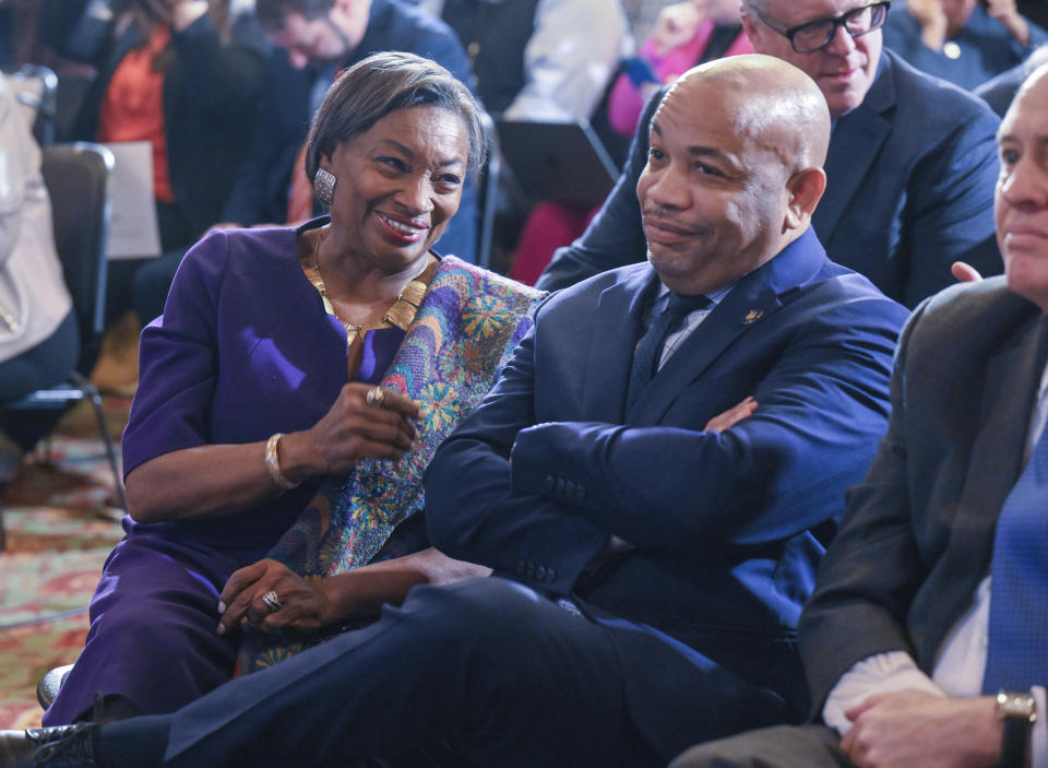 Senate Majority Leader, Andrea Stewart-Cousins, D-Yonkers, left, and Assembly Speaker Carl Heastie, D-Bronx, wait for New York Gov. Kathy Hochul to present her 2025 executive state budget in the Red Room at the state Capitol Tuesday, Jan. 16, 2024, in Albany, N.Y. (AP Photo/Hans Pennink)