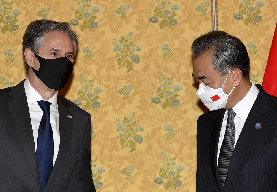 FILE - U.S. Secretary of State Antony Blinken, left, and Chinese Foreign Minister, Wang Yi meet, on Oct. 31, 2021 at an hotel in Rome on the sidelines of the G20 of World Leaders Summit. China Wednesday, July 6, 2022, launched a scathing attack on the U.S. and NATO, days before a meeting between U.S. Secretary of State Antony Blinken and Chinese Foreign Minister Wang Yi. (AP Photo/Tiziana Fabi, File)