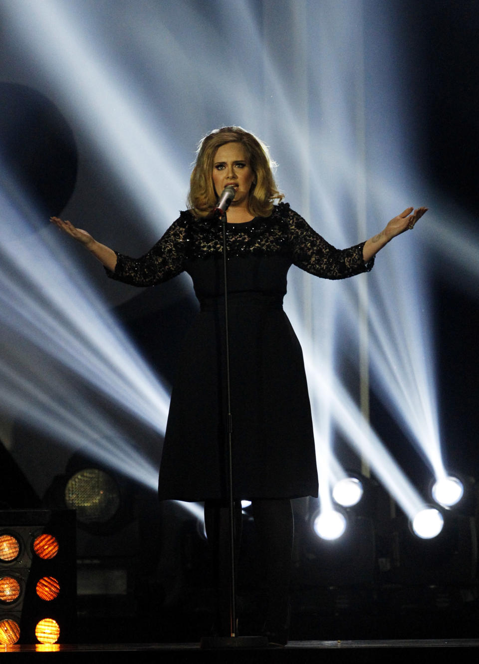 Adele performs during the Brit Awards 2012 at the O2 Arena in London, Tuesday, Feb. 21, 2012. (AP Photo/Joel Ryan)