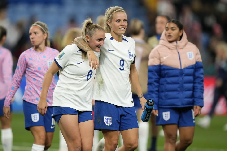 England's Georgia Stanway, left, and England's Rachel Daly react after the Women's World Cup Group D soccer match between England and Denmark at the Sydney Football Stadium in Sydney, Australia, Friday, July 28, 2023. England won the match 1-0. (AP Photo/Rick Rycroft)