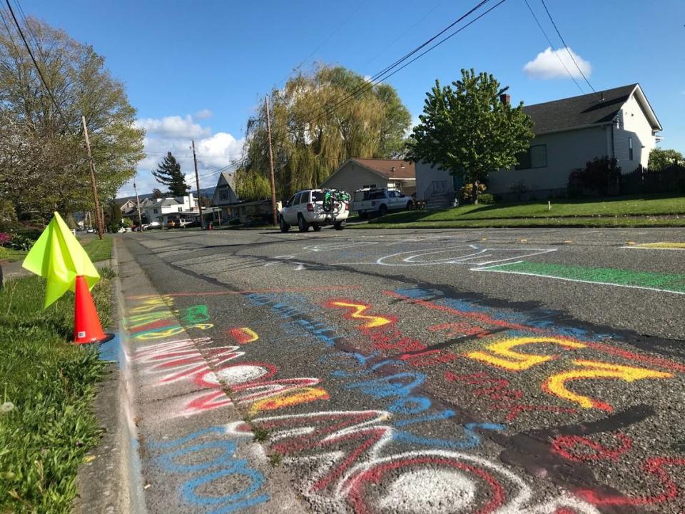 A DIY crosswalk with chalk markings made by neighbors aims to slow traffic on Eldridge Avenue in Bellingham on May 8.