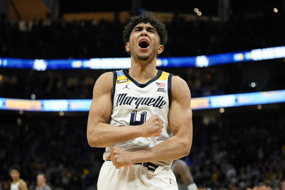 Marquette's Stevie Mitchell reacts after an NCAA college basketball game against Xavier Wednesday, Feb. 15, 2023, in Milwaukee. (AP Photo/Aaron Gash)