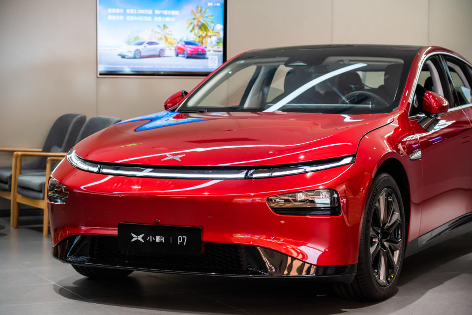 SHENZHEN, GUANGDONG, CHINA - 2020/10/05: Xpeng Motors P7 electric vehicle seen at a store in Shenzhen. (Photo by Alex Tai/SOPA Images/LightRocket via Getty Images)