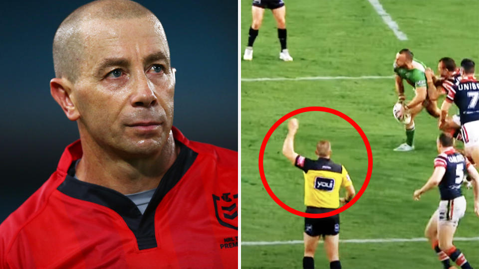 Ben Cummins is pictured on the left, with a screenshot of the six again call from the 2019 NRL grand final on the right.