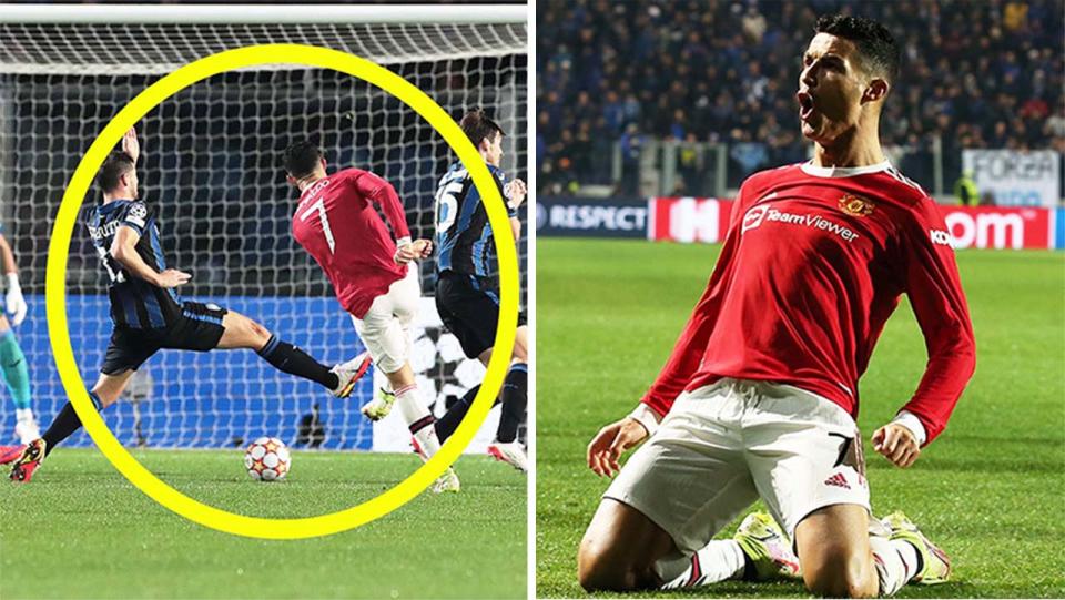 Cristiano Ronaldo (pictured right) celebrating after scoring the equaliser (pictured left) against Atalanta in the Champions League.