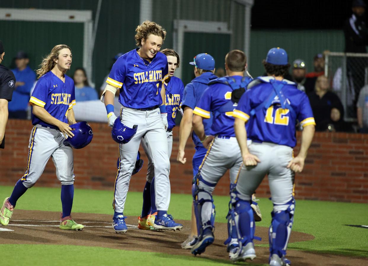 Ethan Holliday celebrates his three run home run during the Class 6A State Baseball Tournament as Choctaw plays Stillwater on May 9, 2024; Norman, OK, [USA]; at Norman North HS. Mandatory Credit: Steve Sisney-The Oklahoman